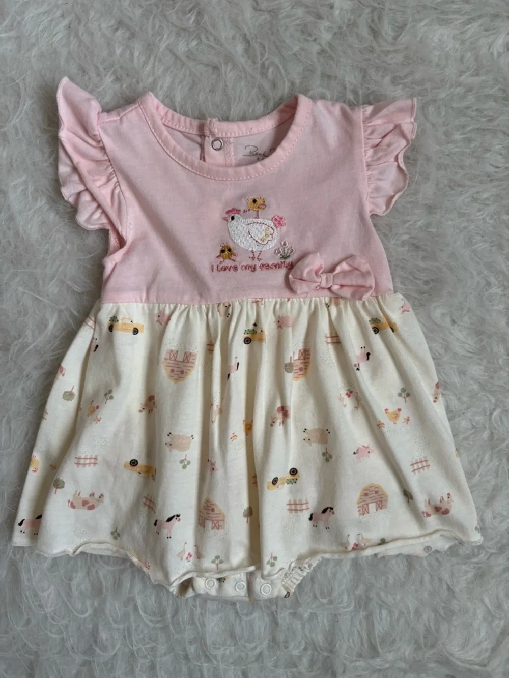 Rene Rofe Baby Girl Pink and Cream Farm Animal Printed Skirted Bodysuit